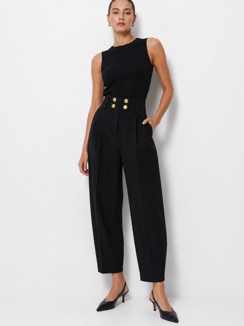 NWT Derek Lam 10 Crosby barrel leg  high rise gold buttons pants Sz 10 pockets